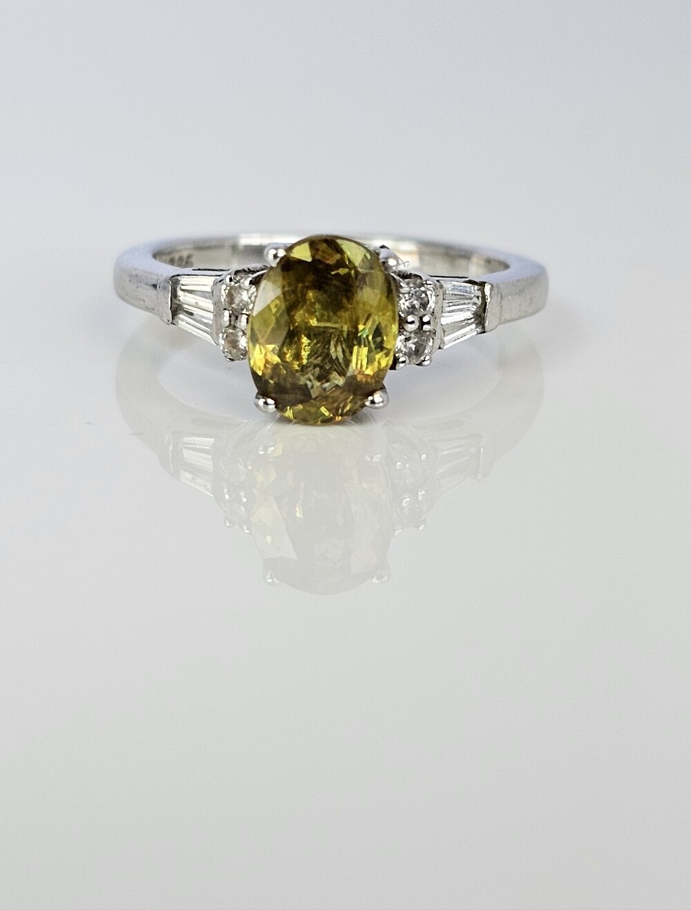 Genuine Spene & White Zircon Ring Sterling Silver Platinum Finish. Size 6!
